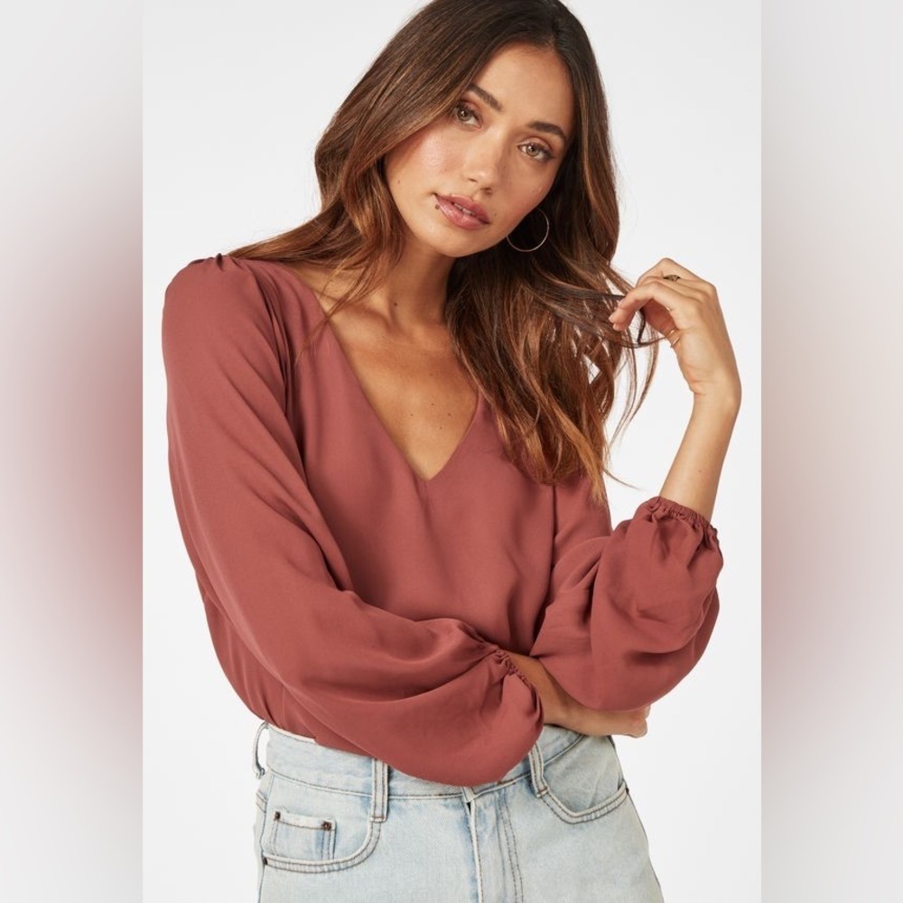 Velvet by Graham & Spencer Rust Long-Sleeve V-Neck Blouse